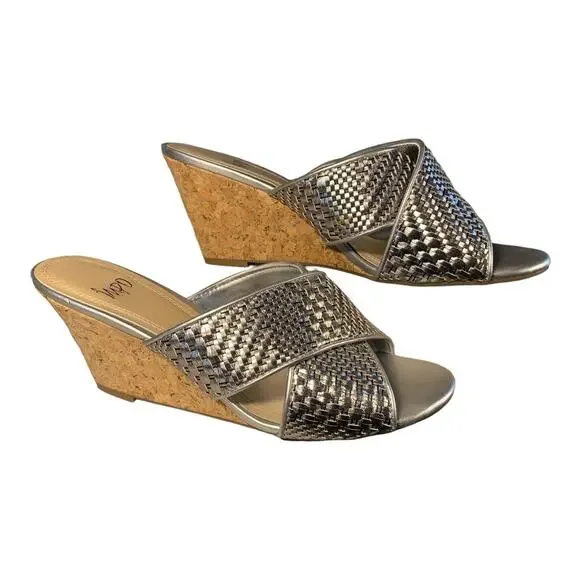Impo Women's Silver Criss Cross Slip On Cork Wedge Sandals 9.5 - Picture 2 of 6
